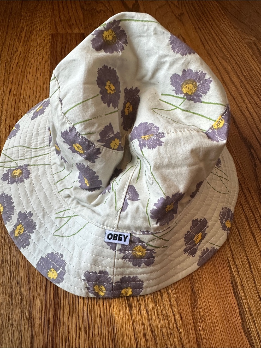 Obey Floral Bucket Hat in Cream with Purple Flowers